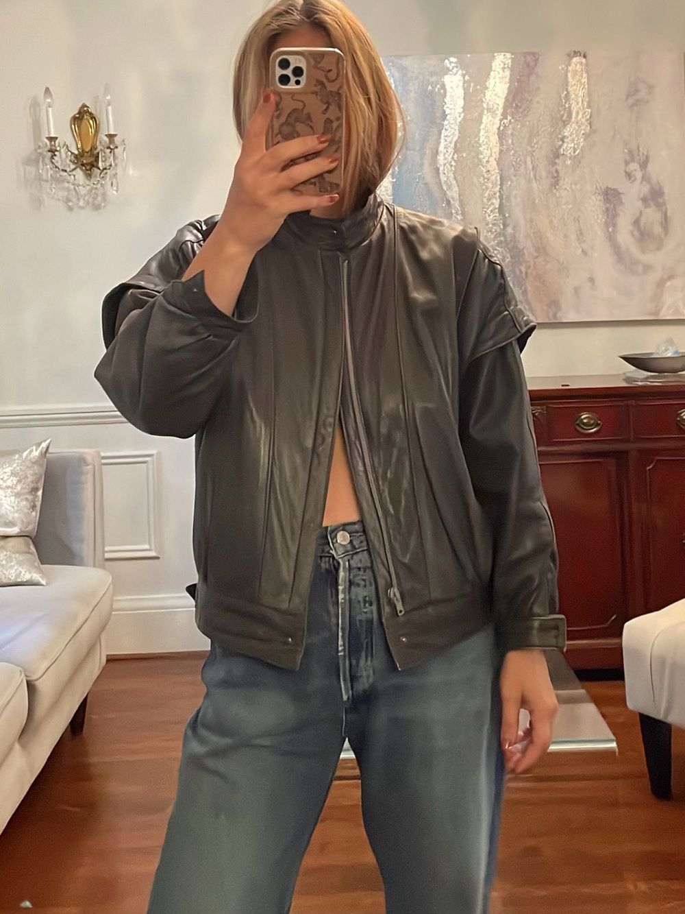 Vintage Gerome Spain Grey Leather Bomber Jacket Oversized Drop Shoulder S/M
